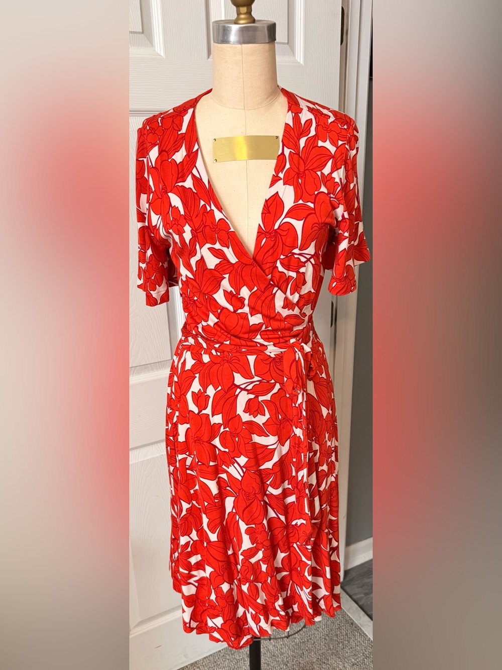 Ann Taylor Red and White Floral Midi Wrap Dress
